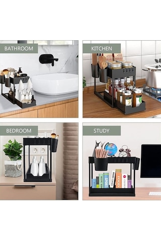 Dancemonkey Lavabo Organizatörleri & Depolama, 2 Katmanlı Mutfak Çekmece Düzenleyici Banyo Kabineti - Siyah Siyah
