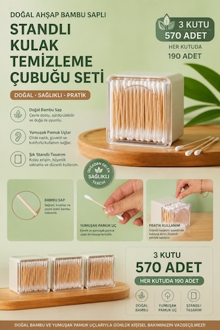Porsima 3134 Doğal Ahşap Bambu Saplı Standlı 3lü Kulak Temizleme Çubuğu Seti- 570 Adet