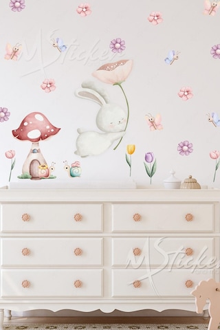 MSticker Sevimli Tavşan Ve Arkadaşları - Bahar Temalı Eğlenceli Çocuk Bebek Odası Sticker Seti