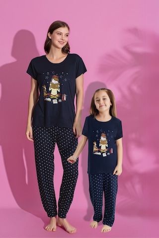 Anne Kız Kombin Desenli Viskon Kısa Kollu Pijama Takımı Anne Kız Ayrı Satılır Lacivert