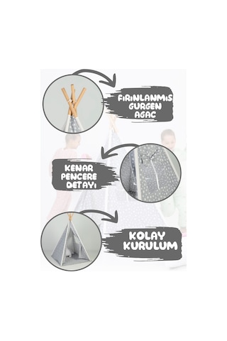 Çocuk Kızılderili Ahşap Direkli Geniş Oyun Çadırı Ve Minderli Ev & Bahçe Oyun Alanı Minderli 001