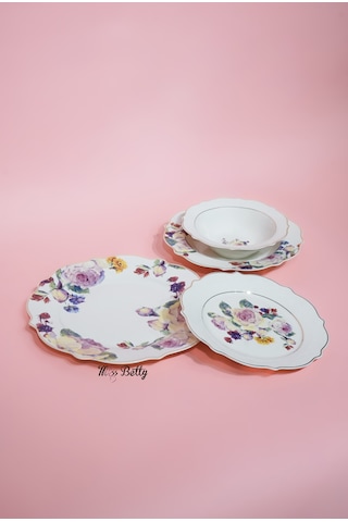 Rose Deluxe New Bone 24 Parça Yemek Takımı Sofra Sunum Seti Beyaz - Pembe