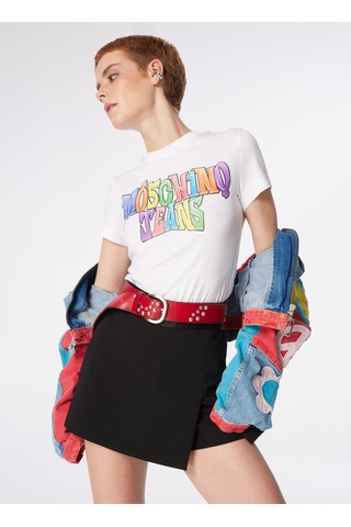 Moschino Jeans Beyaz Kadın Yuvarlak Yaka Baskılı T-shirt 241k1a0708