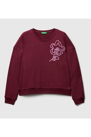 Diagonel Kumaş Çiçek İşlemeli Sweatshirt Gülkurusu Bordo