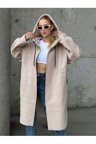 Kapüşonlu Fermuarlı Uzun Ceket Taş