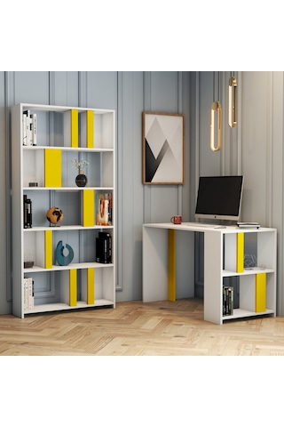 Variant Lima Çalışma Masası Ve Kitaplık Takımı - Beyaz / Sarı Beyaz