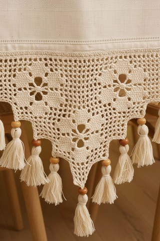 Dantel İşlemeli Boncuklu Runner 50x130 Cm Krem
