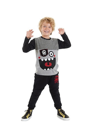 Denokids Çizgili Korsan Erkek Çocuk Gri T-shirt Siyah Pantolon Takım Gri - Siyah