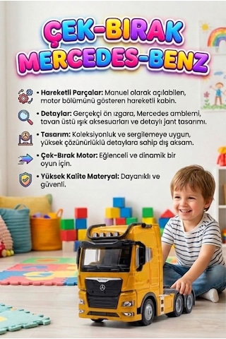 Mercedes Actroc Çek-bırak Mekanizmalı Metal Gerçekçi Tasarımlı Devrilebilir Kabinli Oyuncak Tır Sarı