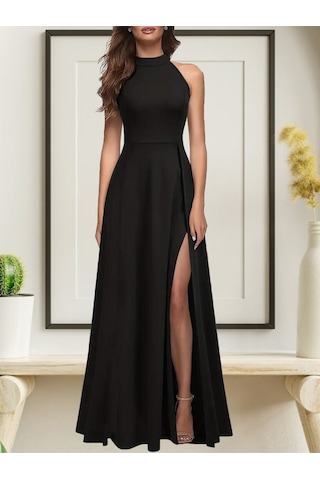 Ahes Shopping Kadın Halter Yaka Derin Yırtmaç Detaylı Tam Boy Ithal Krep Abiye Elbise Siyah