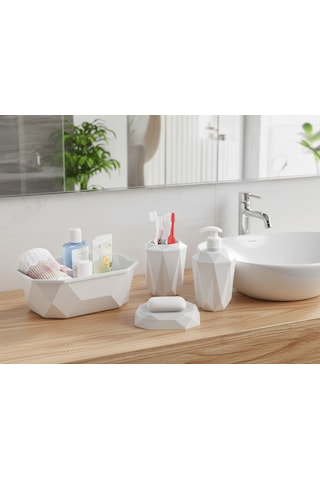 Geometrik Tasarımlı 4 Lü Banyo Seti Sabunluk Diş Fırçalık, Sıvı Sabunluk Sepet Beyaz