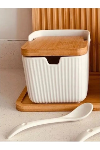 Qerhome Bambu Kapaklı Porselen Tuz Kabı Porselen Kaşıklı 1 Adet Beyaz