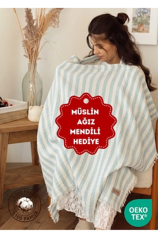 Zeypba 4 Katlı Müslin Emzirme Örtüsü & Müslin Puset Örtüsü Müslin Örtü Püsküllü Mavi Çizgili