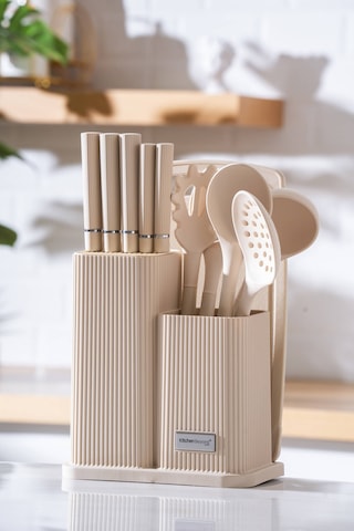 Acar Cooper 12 Parça Standlı Kesme Tahtası Servis Ve Bıçak Seti Krem