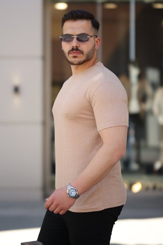 Veraura Lifestyle Erkek Ağaç Kabuğu Desenli Kısa Kollu T-shirt bej
