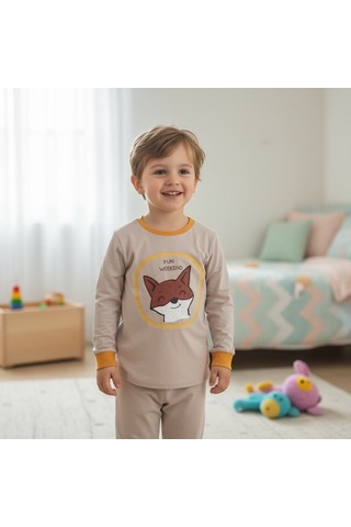 Bonbon Erkek Çocuk Tilki Baskılı Uzun Kollu 2'li Takım Cb1071 Ten Rengi