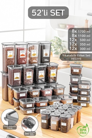 Meleni Home 52 Parça Mega Seti Kare Saklama Kabı 12x 300ML 500 ML 8x 1100ML 1700ML