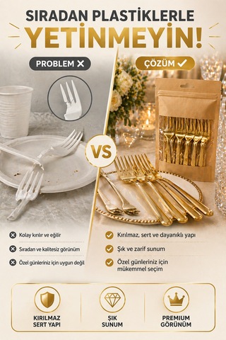 25 Li Altın Plastik Çatal 18 Cm Sert Tek Kullanımlık