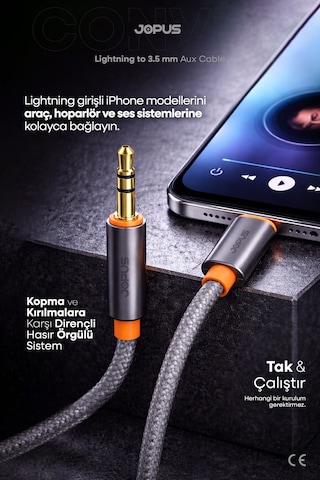 Jopus 11 12 13 14 Pro Max Serisi Uyumlu Lightning Örgülü Aux Kablosu, İphone Aux Tak Çalıştır, 1m Ja-05
