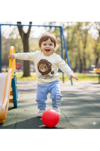 Erkek Bebek Aslan Baskılı Alt Üst İkili Gündelik Takım Mavi