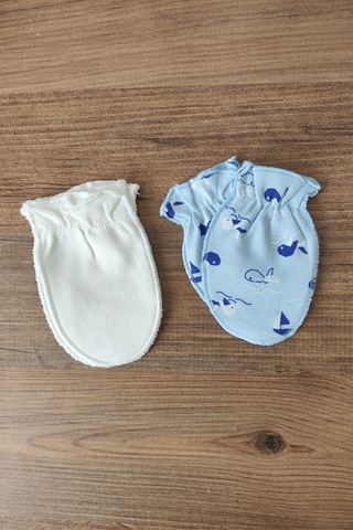 Bambık Bebek Eldiveni İkili Set 0-3 Ay %100 Pamuk Yenidoğan Tırnak Koruyucu Eldiven Mavi Mavi