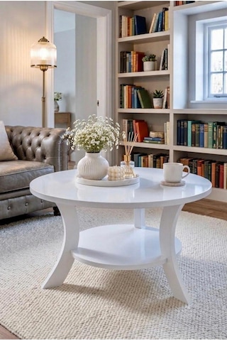 Orta Sehpa Beyaz 75 Cm Çap - Mdf Ayak 46 Cm Yükseklik Modern Orta Sehpa Beyaz