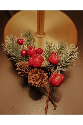 Kokina Yılbaşı Çiçeği, Yapay Çam Kozalaklı Kiraz Demeti, Dekoratif Yeniyıl Süsü, 13 Cm - 12li Set