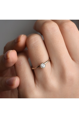 14 Ayar Altın Kaplama Yuvarlak Kesim Tektaş Gümüş Yüzük - Rs00102 Altın