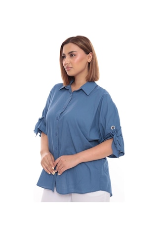 Lady Majestic Cotton Büyük Beden Kadın Pamuklu Gömlek Rahat Kesim, Düğmeli, Volan Kol Detaylı Mavi