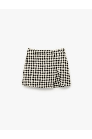 Koton Kaz Ayağı Desenli Beli Lastikli Tüvit Şort Etek Siyah Desenli 6wkg40054aw Bdl
