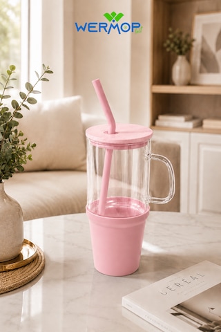 1000 Ml Cam Big Mug Bambu Kapaklı Çelik Pipetli Büyük Boy Kupa Termos Açık Pembe