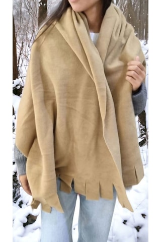 Tezzgelsin Kadın Kışlık Püsküllü Polar Şal Camel