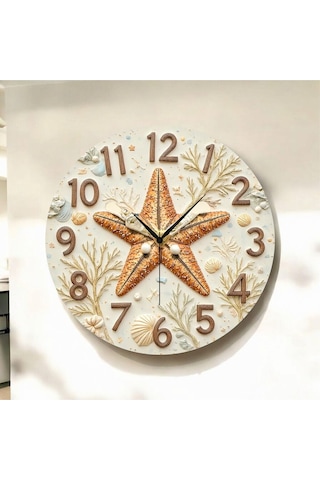 AA Shop Renkli Baskı Deniz Yıldızı Desenli Sayılı Hediyelik Ahşap Sessiz Duvar Saati 50cm ÇOk Renkli