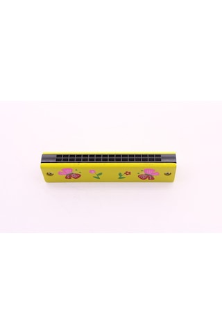 1 Adet Ahşap Mızıka 16 Delikli Çift Sıralı Sarı Desenli Çocuk Mızıka 