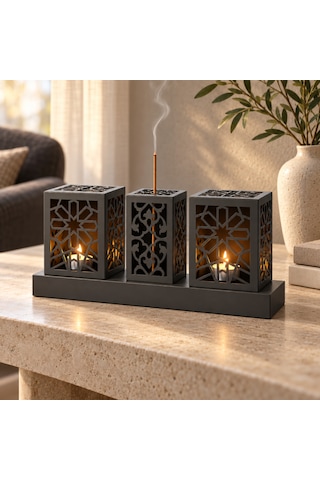 Lazer Kesim Metal Tealight Mumluk Ve Tütsülük Seti Geometrik Selçuklu Yıldızı Motifli Modern Ev Dekoru Benzersiz Masa Süsü Ve Hediye Siyah