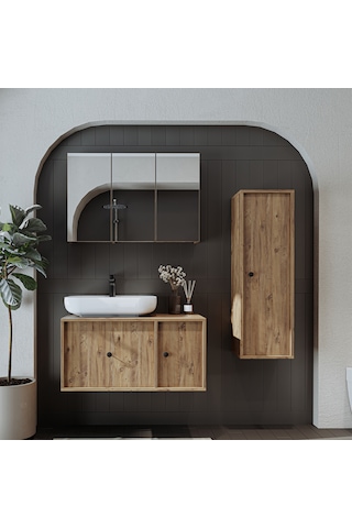Oval Lavabolu Mdf 90 Cm Çekmeceli Banyo Dolap + Aynalı Dlp Atl Atlantik Çam