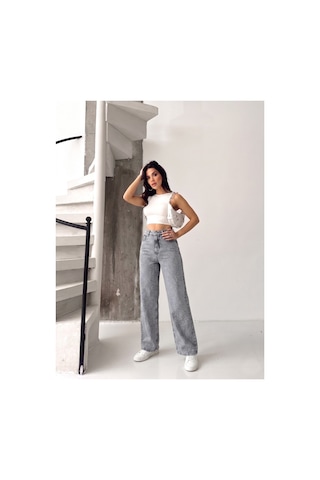 Kene Jeans Ön Taşlı Gri Kar Denim Wide Leg/bol Paça Pantolon Gri Kar