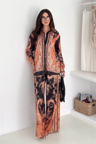 Saten Kumaş Desenli Alt-üst Takım Kahverengi