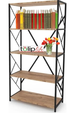 Tuliplife 5 Raflı Dekoratif Koyu Ceviz Metal Kitaplık, Tlpk05s.k