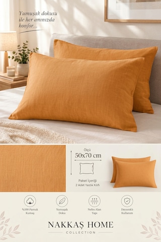 Nakkaş Home Collection 2'li Pamuklu Fermuarlı Yastık Kılıfı Seti - 50x70 Cm Düz Renk Yastık Kılıfı Sarı - Turuncu
