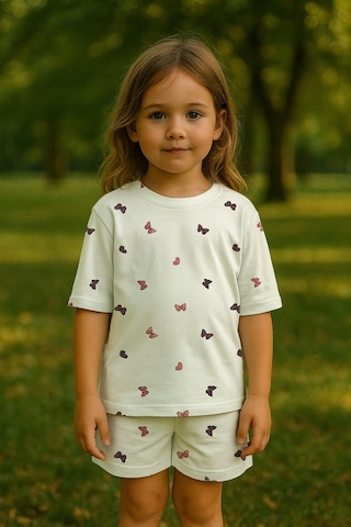 Kız Çocuk %100 Pamuk Kelebek Desenli Şortlu Takım 3-4 Yaş 8-9 Yaş Beyaz