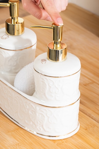 Porsima 3116 Gold Kapaklı Porselen Süngerli 2li Sıvı Sabunluk Beyaz 350+350 Ml Altın - Beyaz