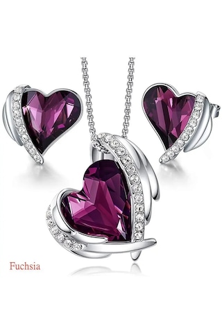 Trend Renkli Taşlı, Zirkon Taş İşlemeli Kalp Takı Seti Kolye Küpe , Yeni Yıl, Mor