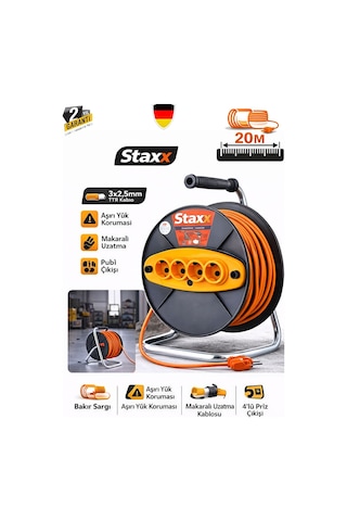 Staxx Stx2020u Metal Gövdeli Makaralı Uzatma Kablosu 20m 3x2.5 Mm 4 Prizli Şantiye Atölye Bahçe 20 M