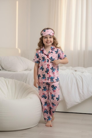 Lillypicca Pembe Soft Karakter Desenli Bambu Önden Düğmeli Göz Bantlı Kısa Kol Pijama Takımı 1001