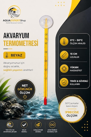 Akvaryum Termometre - Sarı - Hassas Ölçüm - Cam Termometre - 0/50 Derece Arası Ölçüm - Net Görünür - Güçlü Vantuz