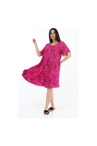 Schık Kadın Viskon Yarım Kol Kare Yaka Elbise Magenta Fuşya