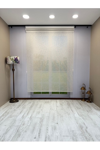 Çift Mekanizmalı Açık Gri Çizgili Desenli Tül Ve Beyaz Mat Stor Perde Gri