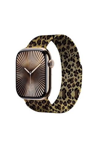 Apple Watch Uyumlu  44mm Zore Krd-01 Leopar Desenli Metal Kordon
