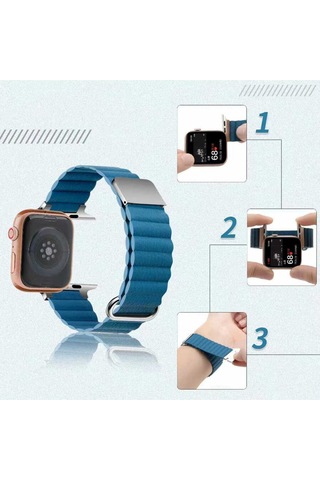 iOs Watch Uyumlu 44mm  Krd-78 Pu Deri Kordon Strap Kayış - Lacivert